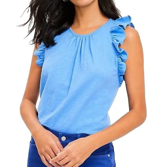 Loft Light Blue Ruffle Trim Sleeveless Shirt Size M - Picture 1 of 7